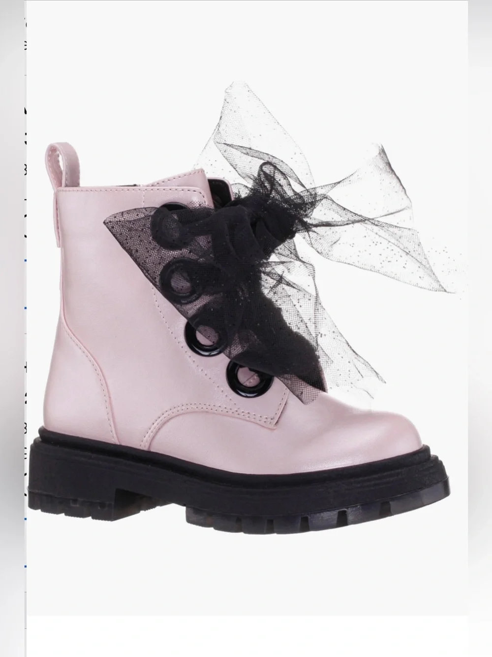 New! Nina Kids Pink Combat Boot with Black Tulle Bow side zipper size 8C